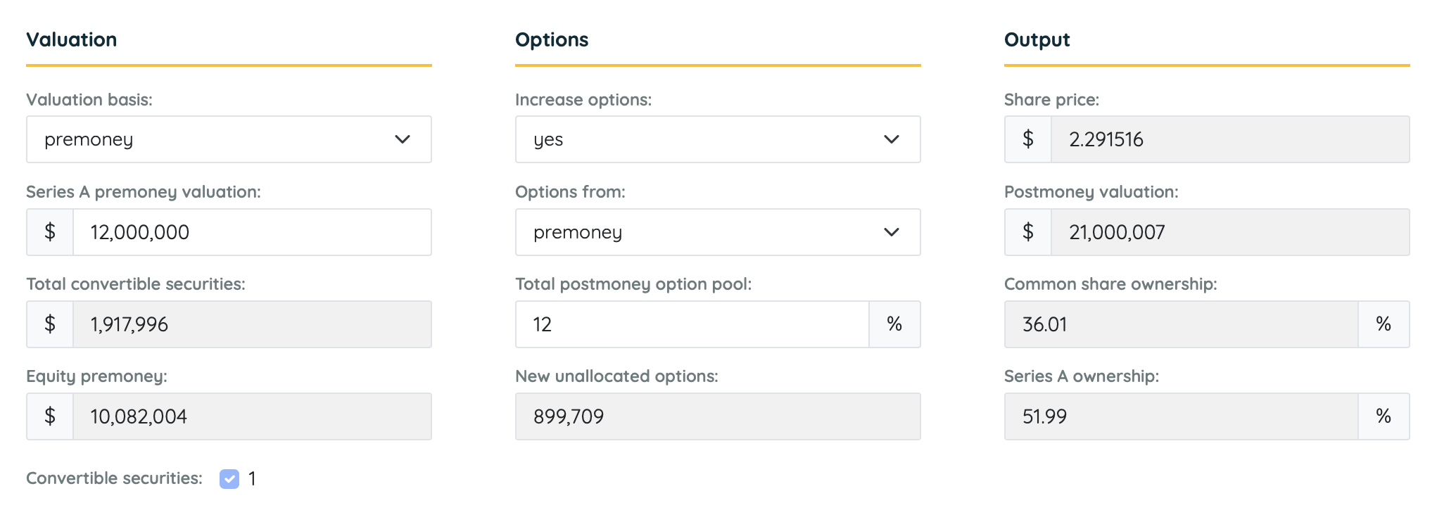 Equity financing round modeled in crossband.io: share prices, option pool and conversion ratios