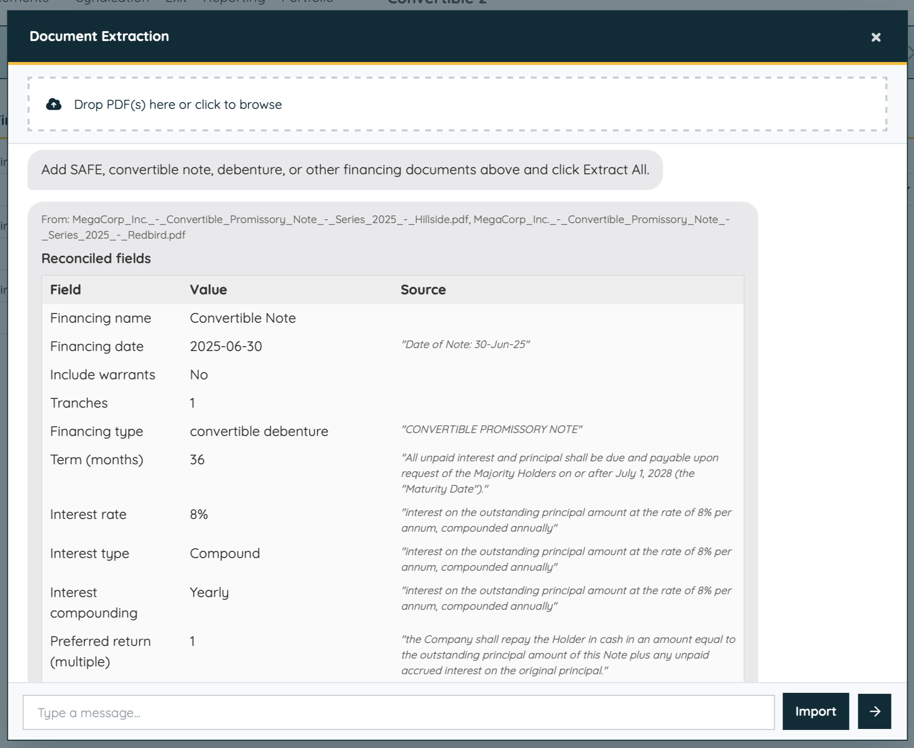 Company documents imported into crossband.io with capitalization data extracted