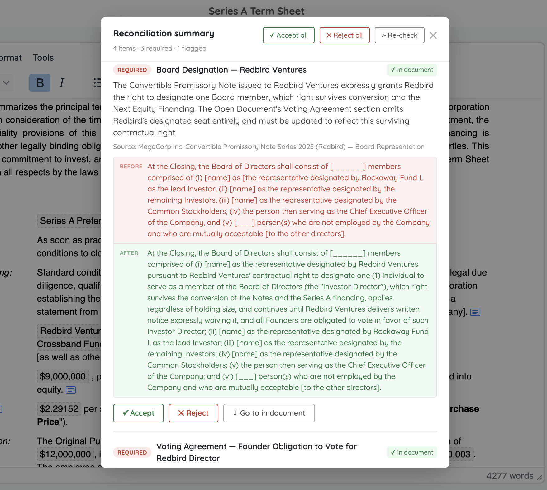 Generated financing documents reconciled against the company's corporate history
